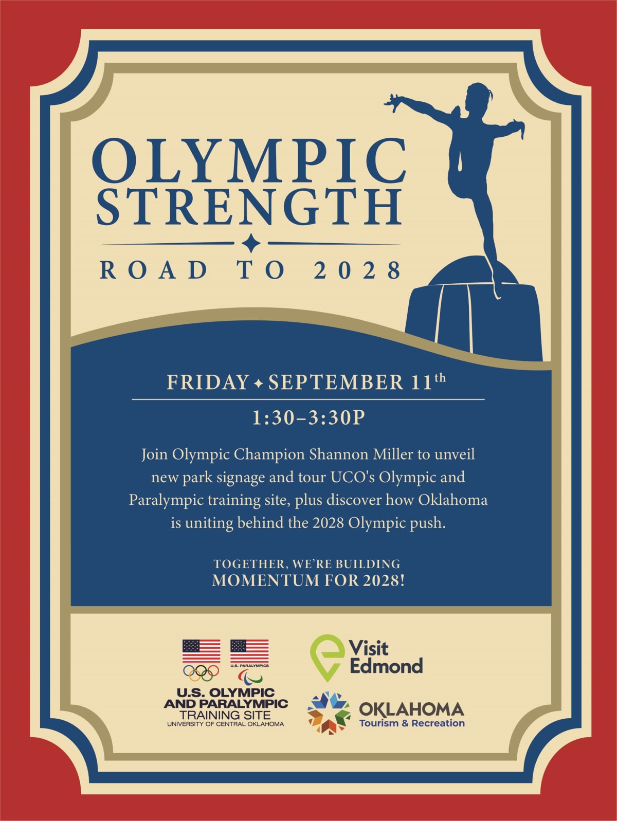 Shannon Miller in gymnastics pose with Olympic medals and bronze statue at Edmond park