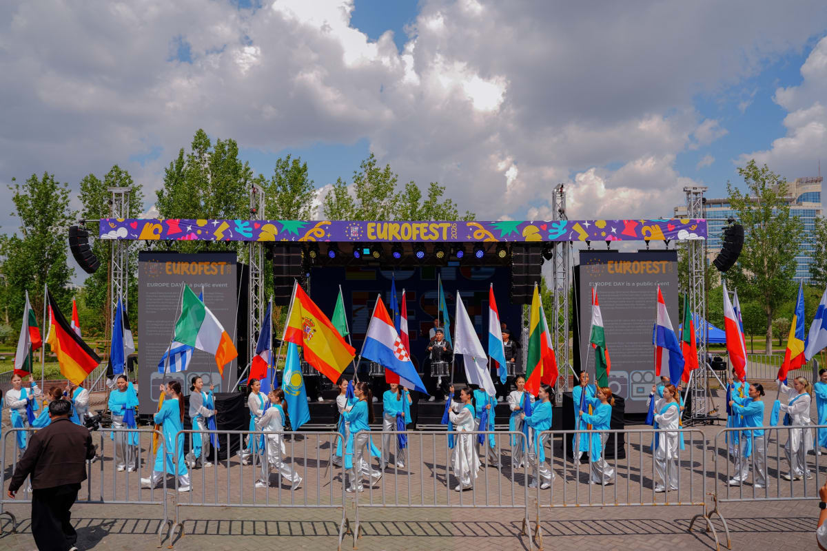 Crowds enjoying cultural performances and food stands at EuroFest 2026 in Astana's Gashyktar Park