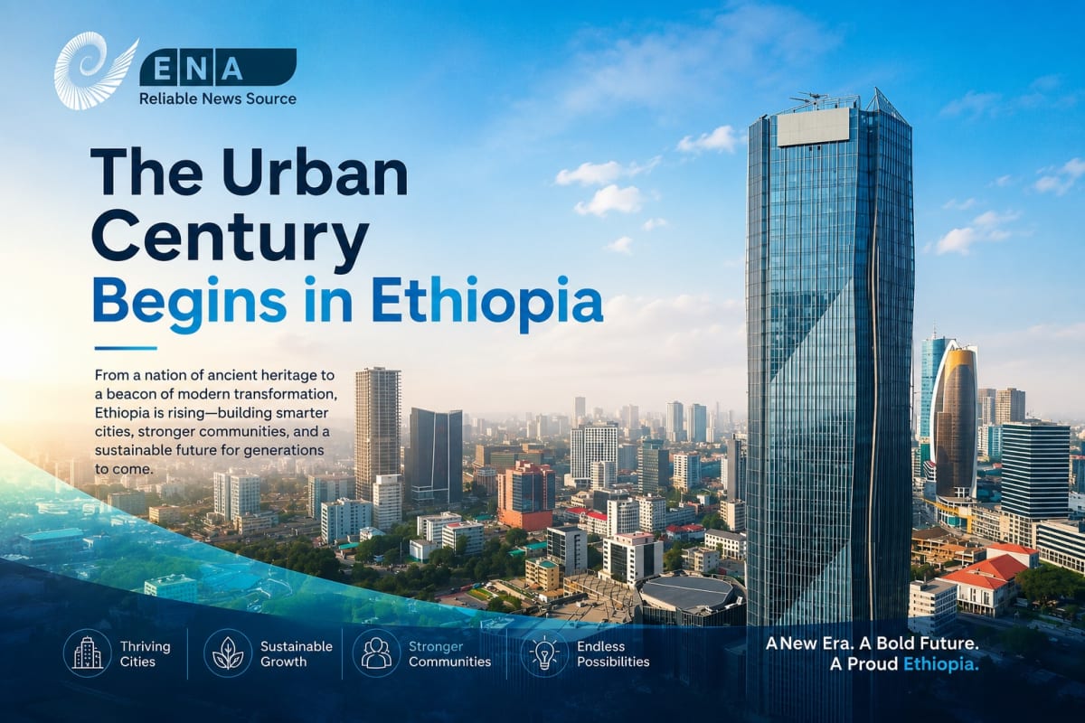 Aerial view of modern high-rise buildings and expanding urban neighborhoods in Ethiopian city