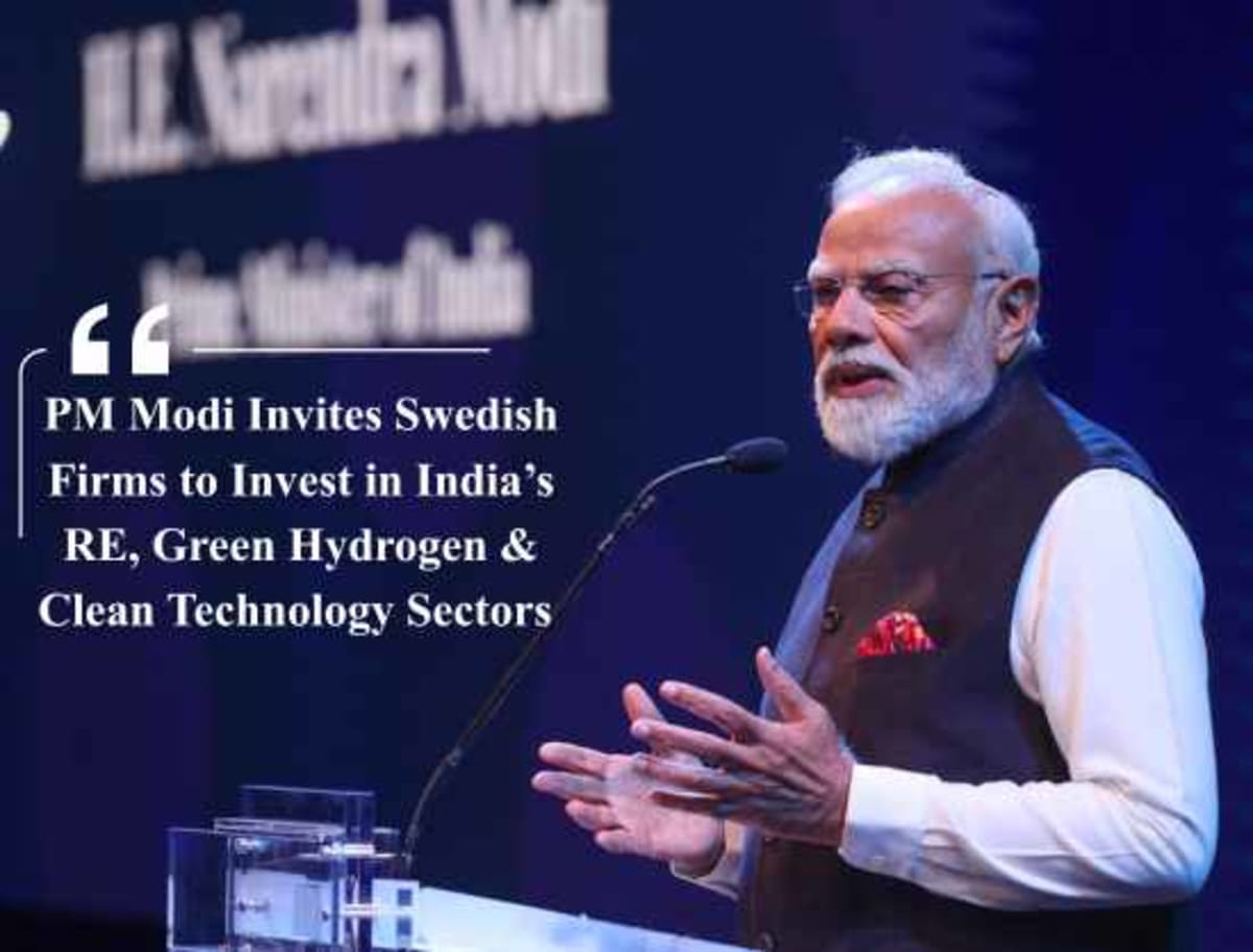Prime Minister Modi speaking at business summit with Swedish and European flags in background