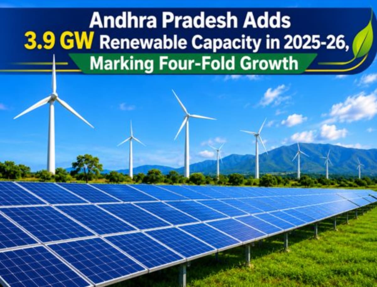 Solar panels stretching across landscape in Andhra Pradesh India under bright blue sky