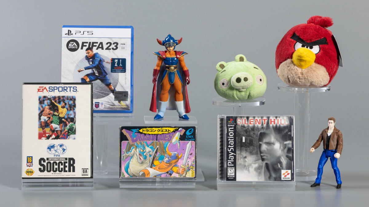 Collage showing iconic characters from Angry Birds, Silent Hill, Dragon Quest, and FIFA soccer games
