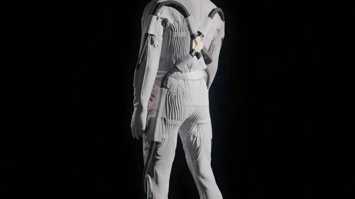 Black high-tech cooling garment with water circulation tubes designed by Prada for NASA astronauts