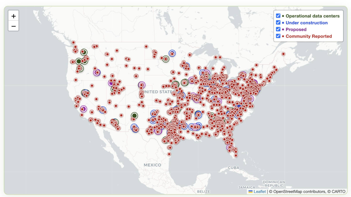 Interactive map showing reported AI data center locations across the United States