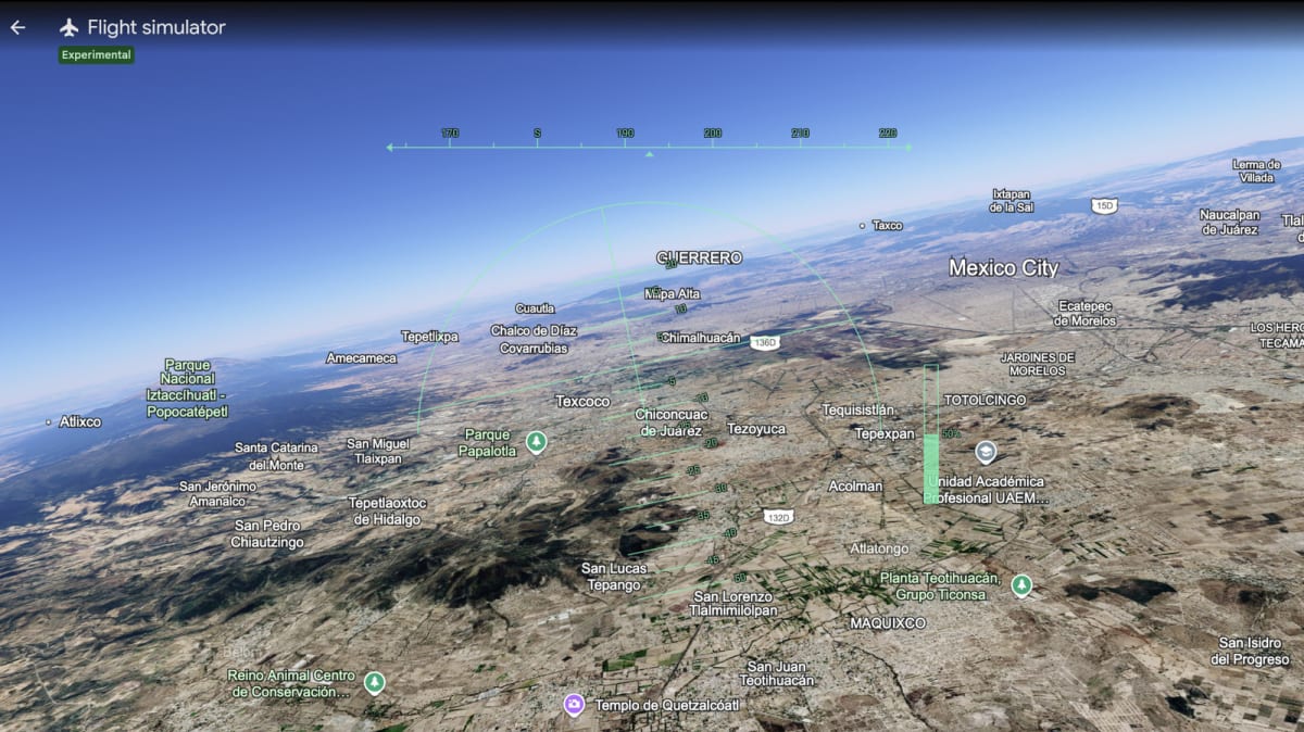 Google Earth flight simulator cockpit view showing virtual plane flying over detailed terrain
