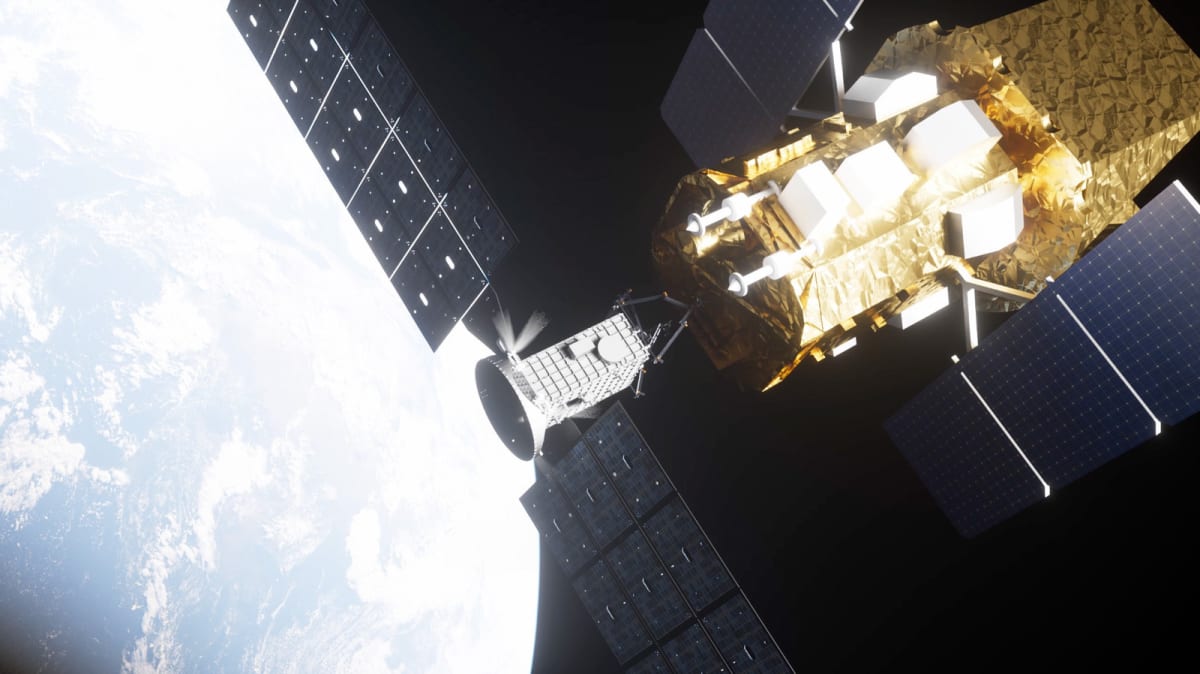 Robotic spacecraft with three mechanical arms approaching telescope in Earth orbit against starry background