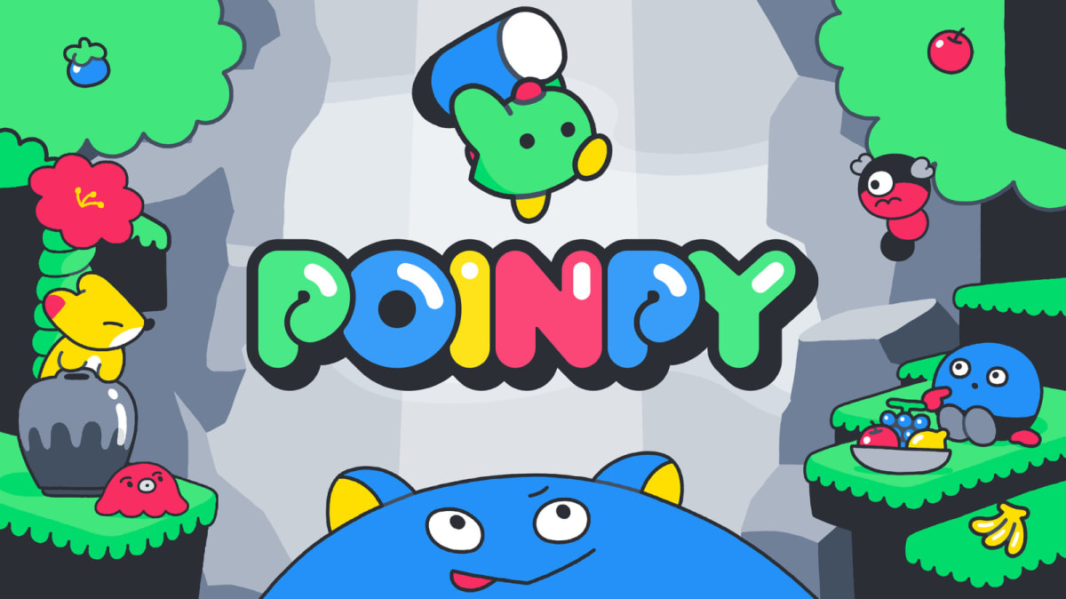 Colorful illustration of Poinpy character bouncing upward through vibrant fruit-filled game environment