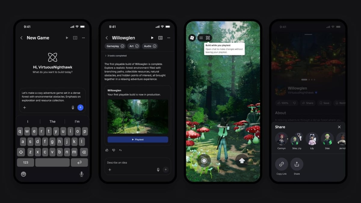 Young person using smartphone to create colorful interactive game on Roblox Build platform