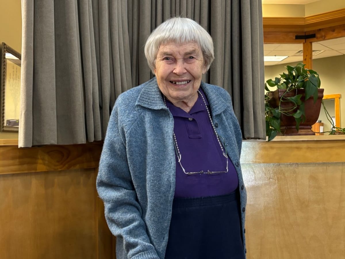 Joy Gimar smiling while celebrating her 100th birthday at Good Samaritan in Estes Park, Colorado