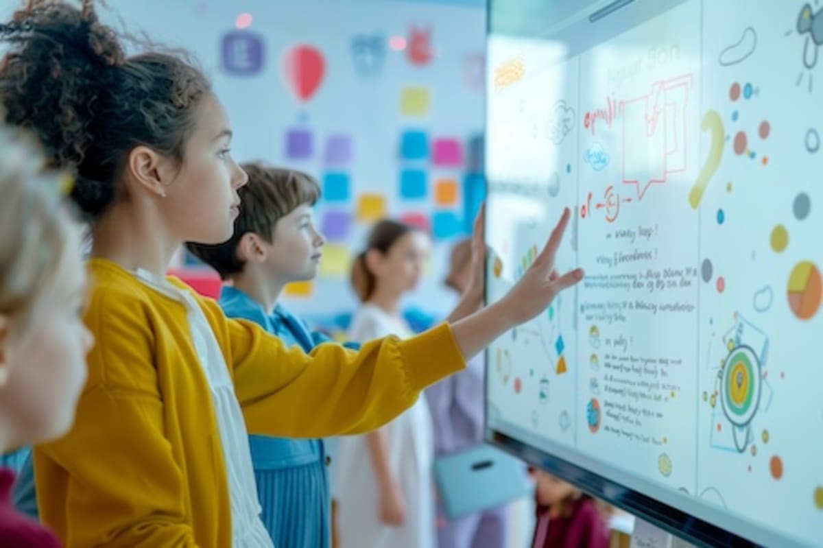 Teacher and diverse students collaborating with tablets and technology in modern innovative classroom learning lab