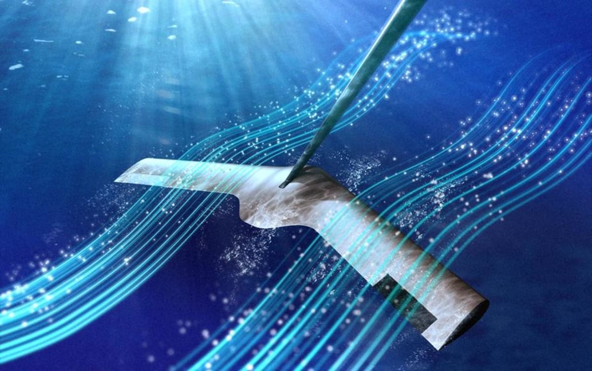 Illustration of oscillating fin technology mimicking marine mammal tail movements underwater generating clean energy
