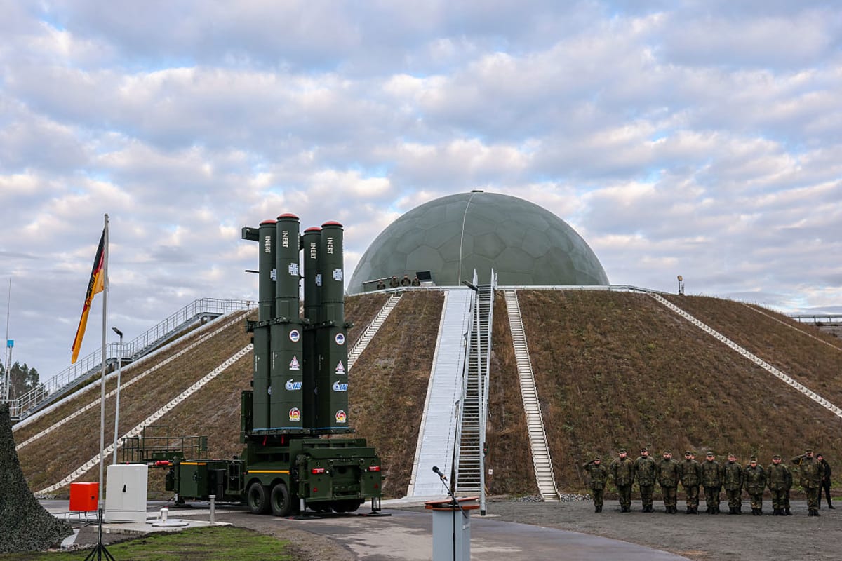 Arrow 3 missile defense system launcher stands in front of radome at German military facility