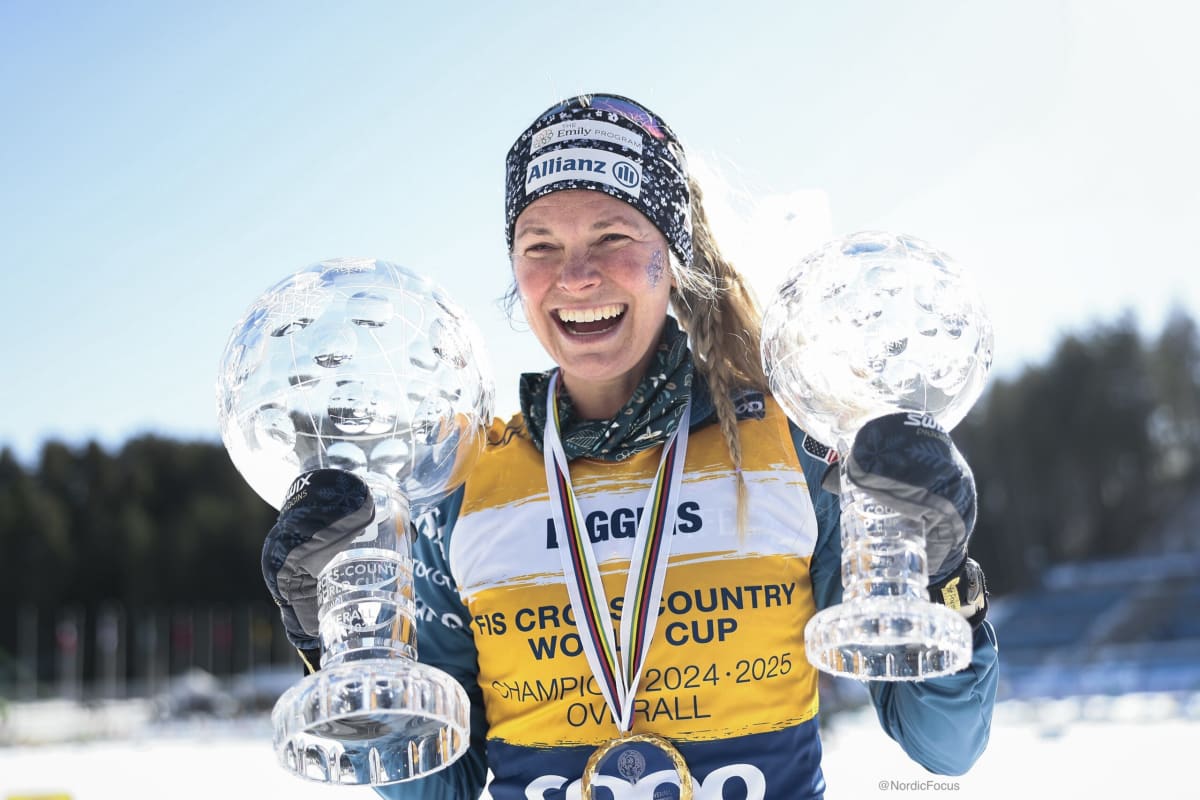 Olympic cross country skier Jessie Diggins competing in winter race wearing Team USA uniform