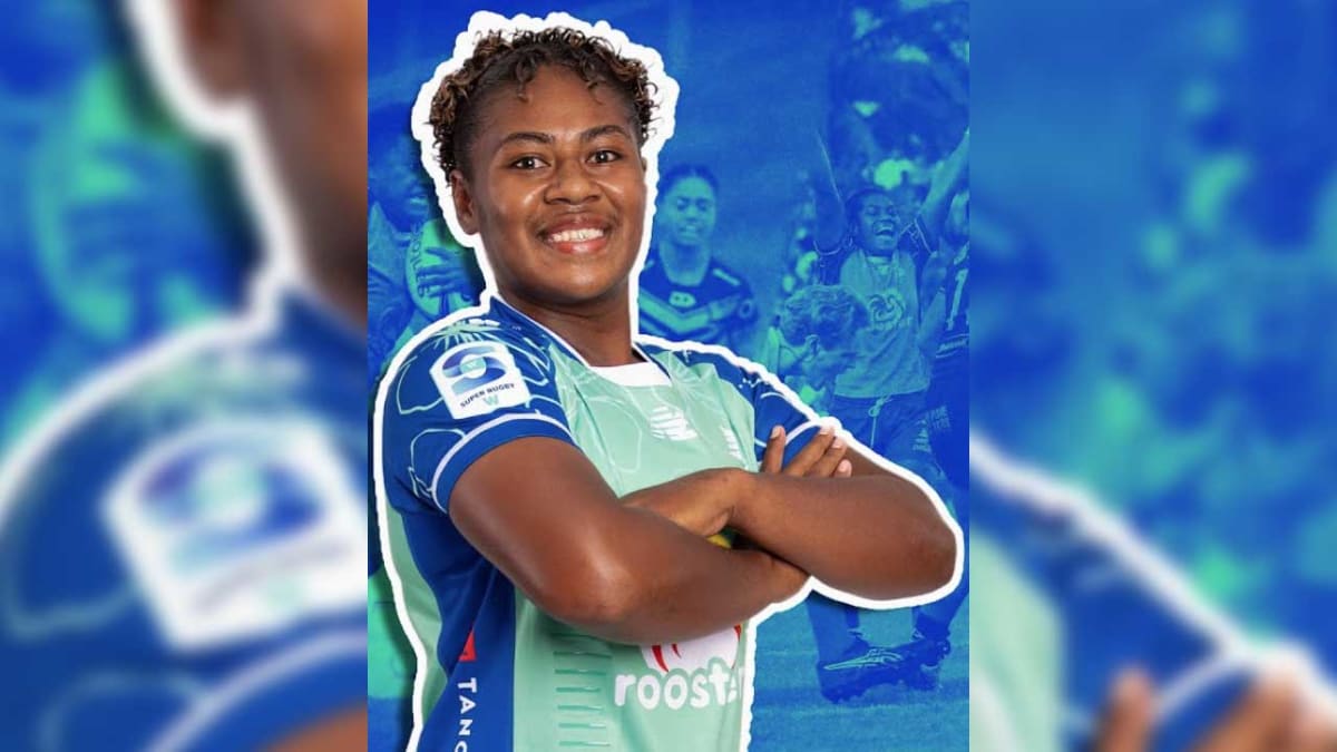 Mereoni Nakesa in Fijian Drua Women's rugby uniform playing lock position during match