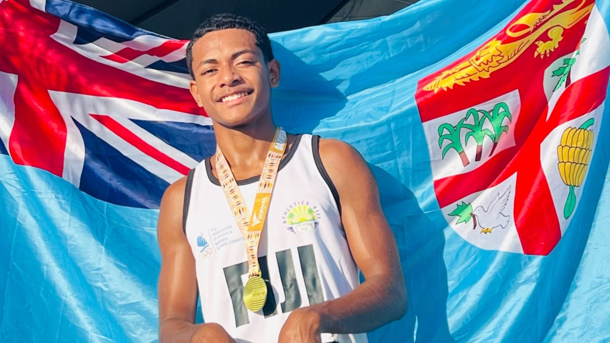 Young athlete Elijah Vakacegu competing at Oceania Athletics Championships track event