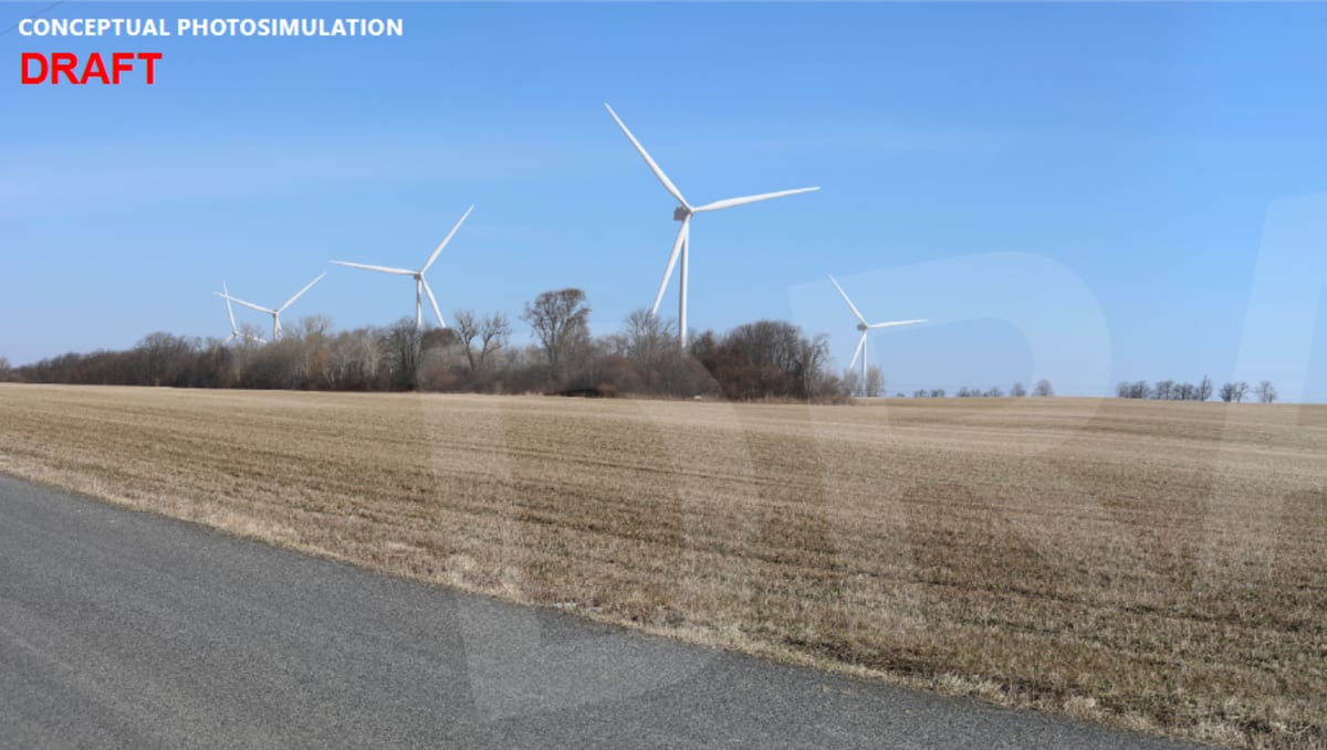 Wind turbines in rural farmland showing planned Agricola Wind project in Cayuga County, New York