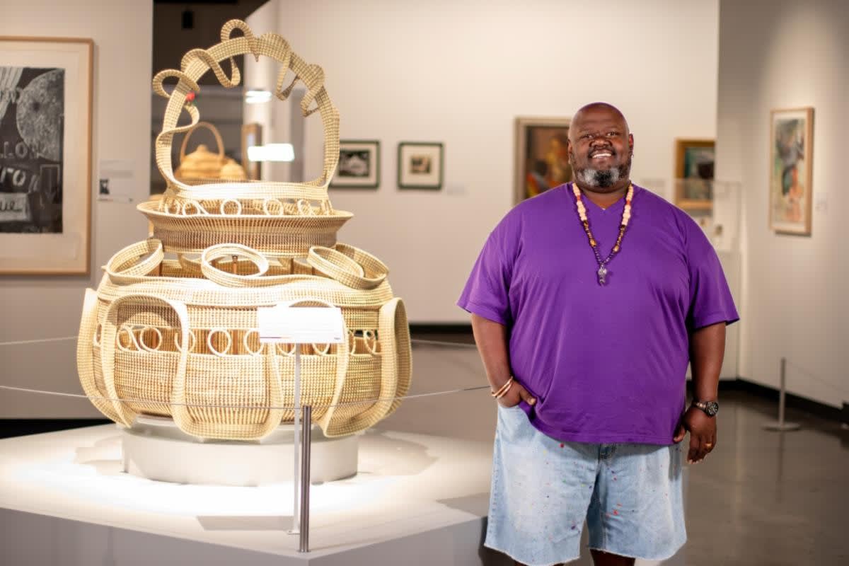 Massive sweetgrass basket "Big Percy" standing nearly five feet tall in South Carolina museum gallery