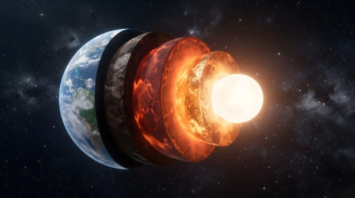 Cross-section diagram showing Earth's layered interior structure from crust to core with mantle highlighted