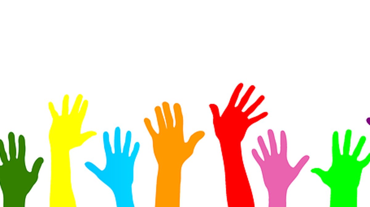 Colorful illustration showing hands joining together in volunteer teamwork and community service