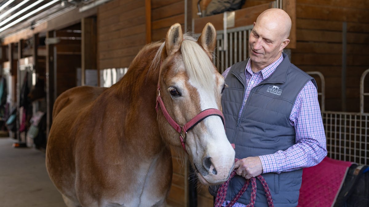 Man standing with brown horse at Dreams on Horseback equine therapy center in Ohio