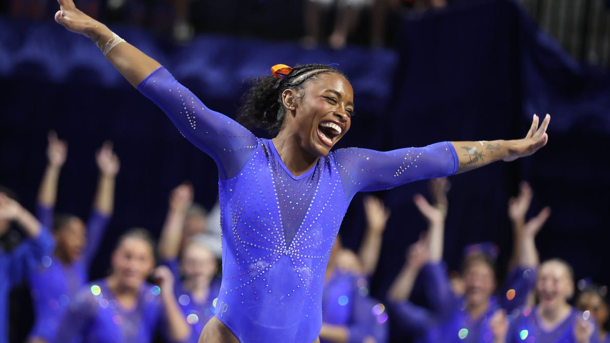 University of Florida gymnast Selena Harris-Miranda performing on balance beam in competition