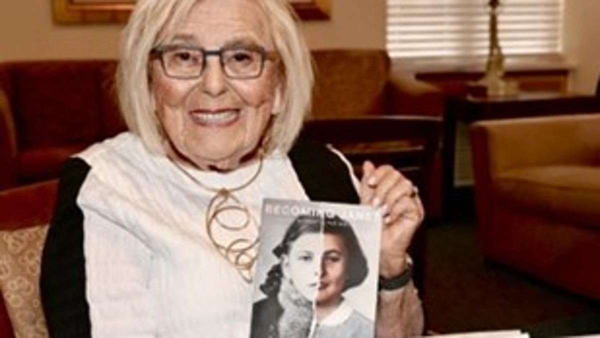 Holocaust survivor Janet Applefield speaking at Temple Israel Holocaust Remembrance Day ceremony