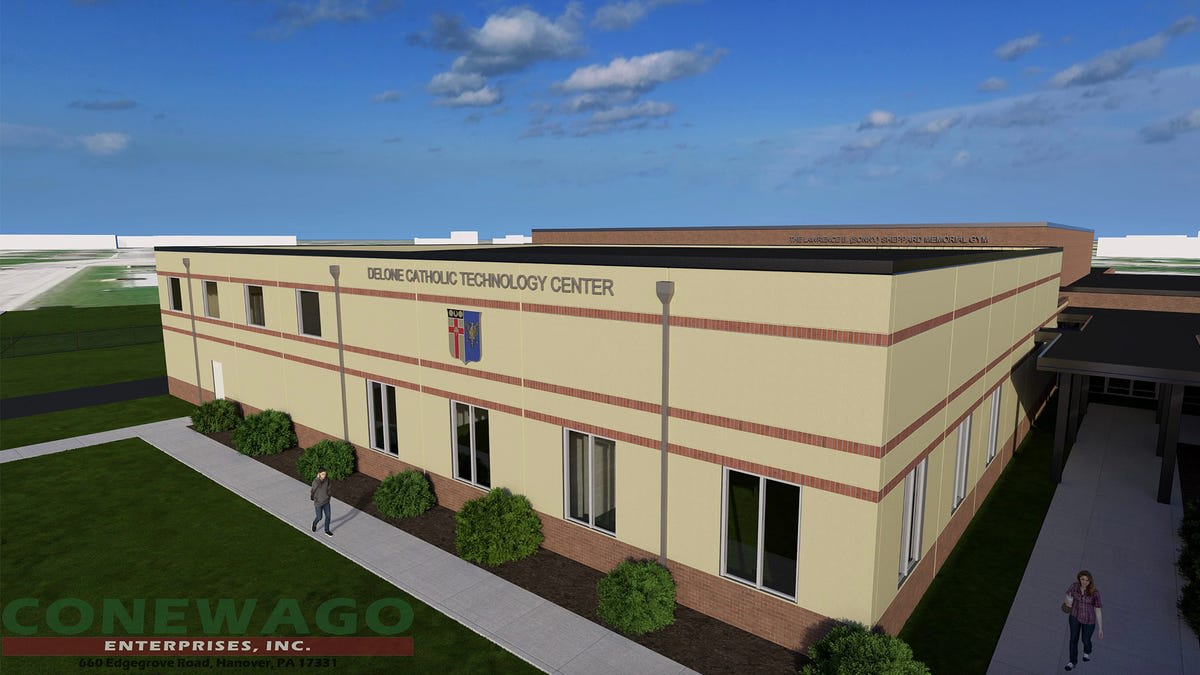 Rendering of modern Innovation Center addition to Delone Catholic High School building exterior
