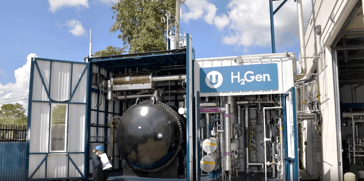 Modern industrial hydrogen reactor facility converting waste gases into clean fuel in South Korea