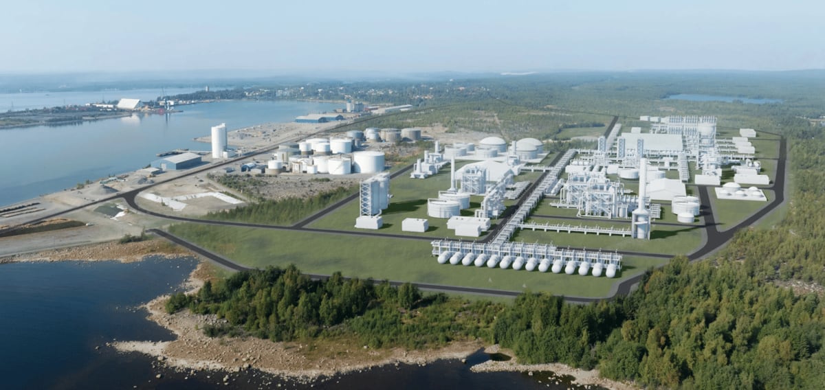 Modern industrial facility near Swedish port with renewable energy infrastructure for sustainable aviation fuel production