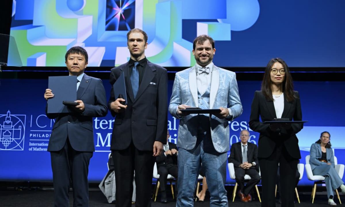 Four Fields Medal winners pose together at 2026 International Congress of Mathematicians ceremony