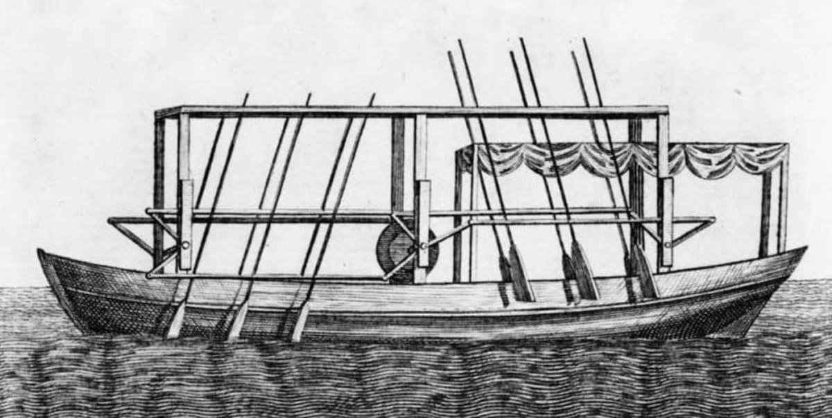 Historical illustration of John Fitch's steam-powered boat with mechanical paddles on Delaware River