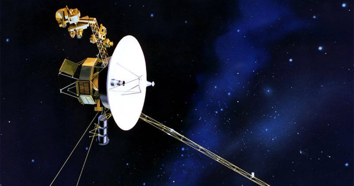 Artist rendering of NASA Voyager spacecraft traveling through deep space with antenna extended