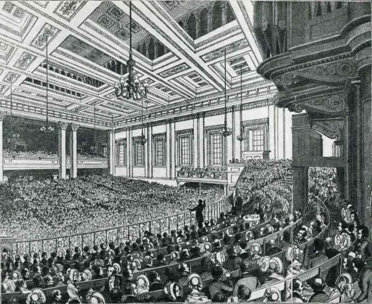 Historical illustration of Anti-Corn Law League meeting in nineteenth century England with reformers gathered