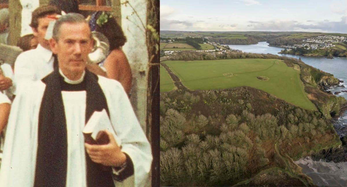 Scenic coastal field overlooking the sea near Fowey, Cornwall, England, now protected by National Trust