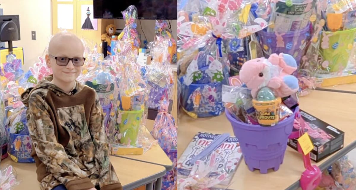 Twelve-year-old Nathan Yuill stands beside colorful Easter baskets at Providence Alaska Children's Hospital