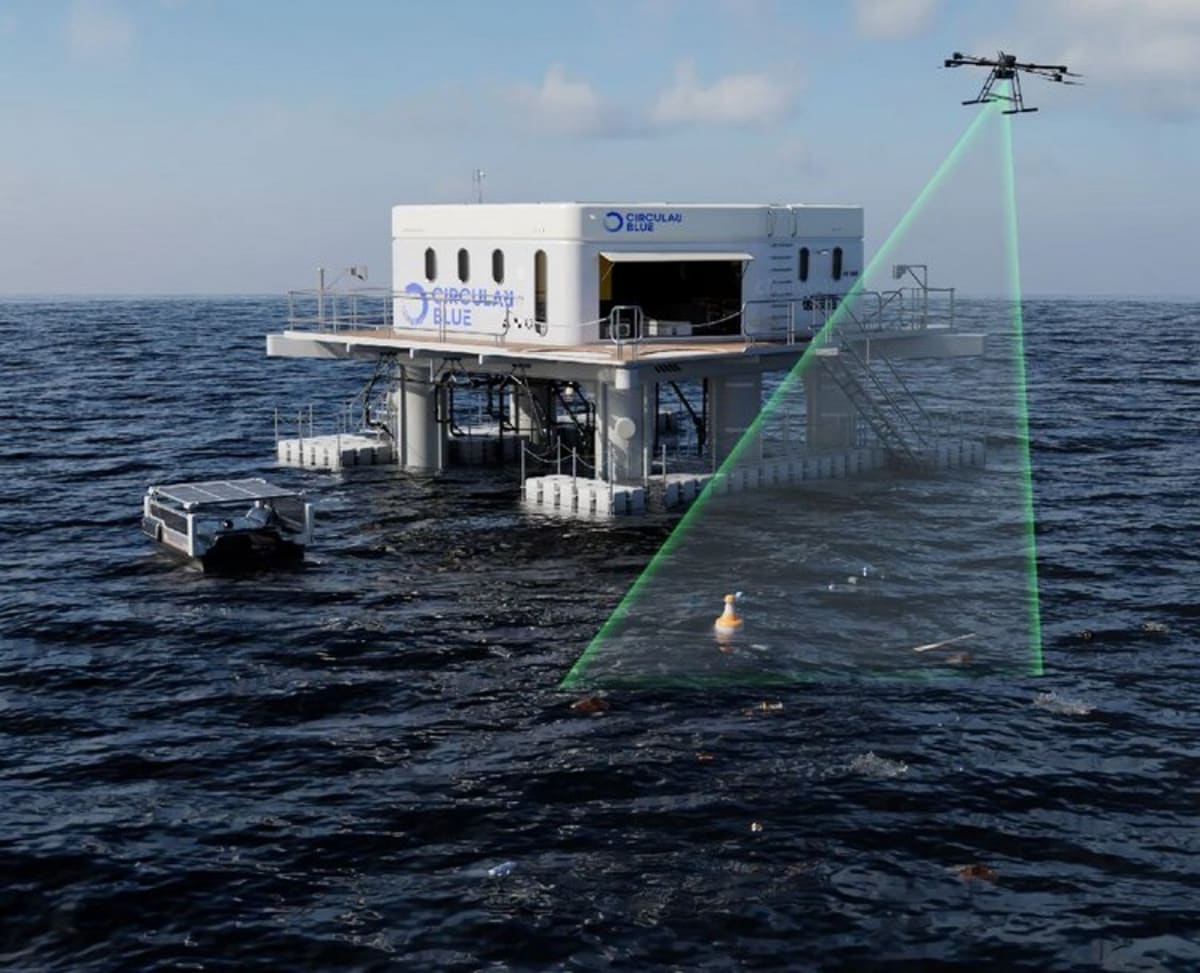 Circular Blue floating platform moored in Taiwan waters with drone collection system