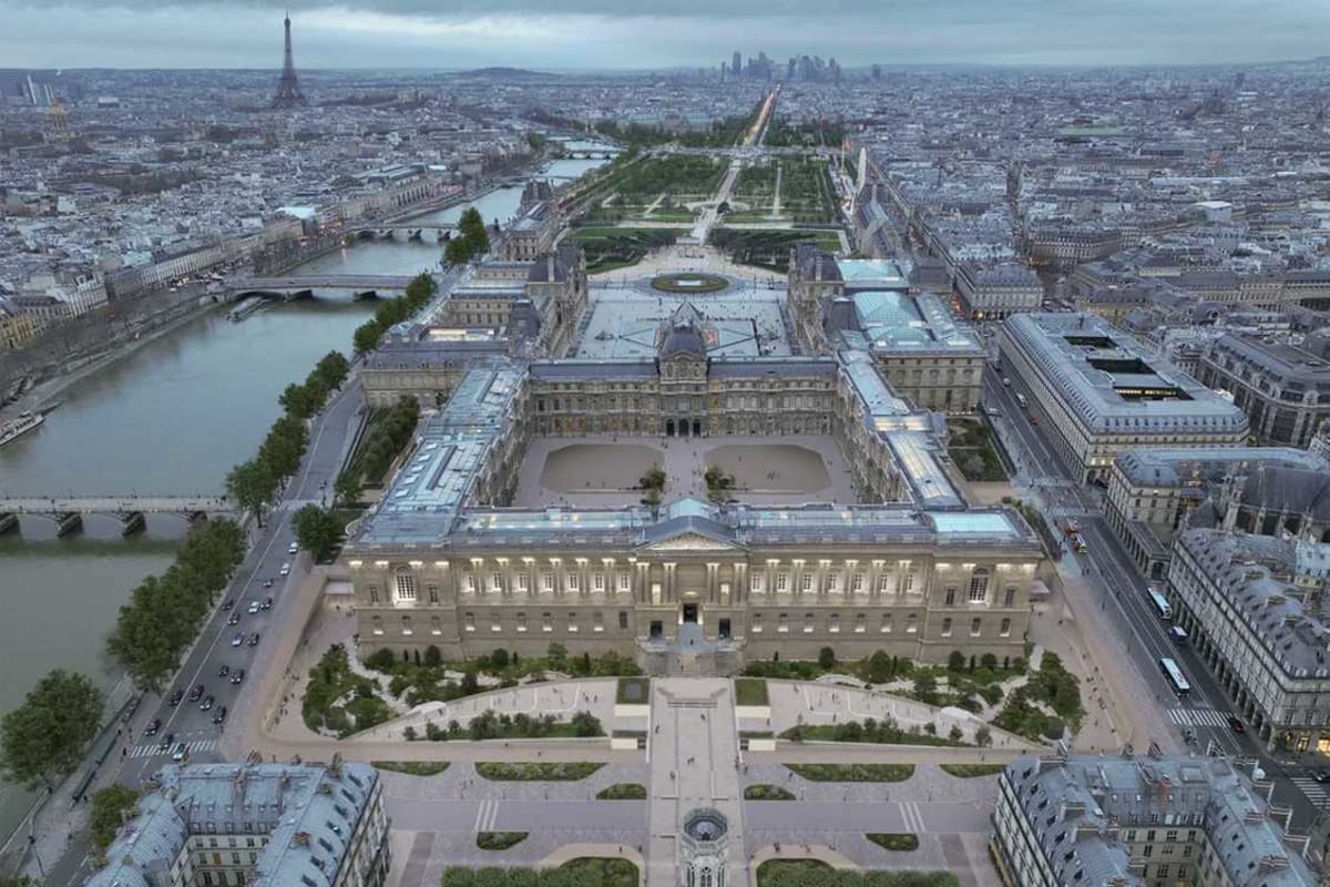 Architectural rendering of the renovated Louvre Grande Colonnade with new greenery and pathways