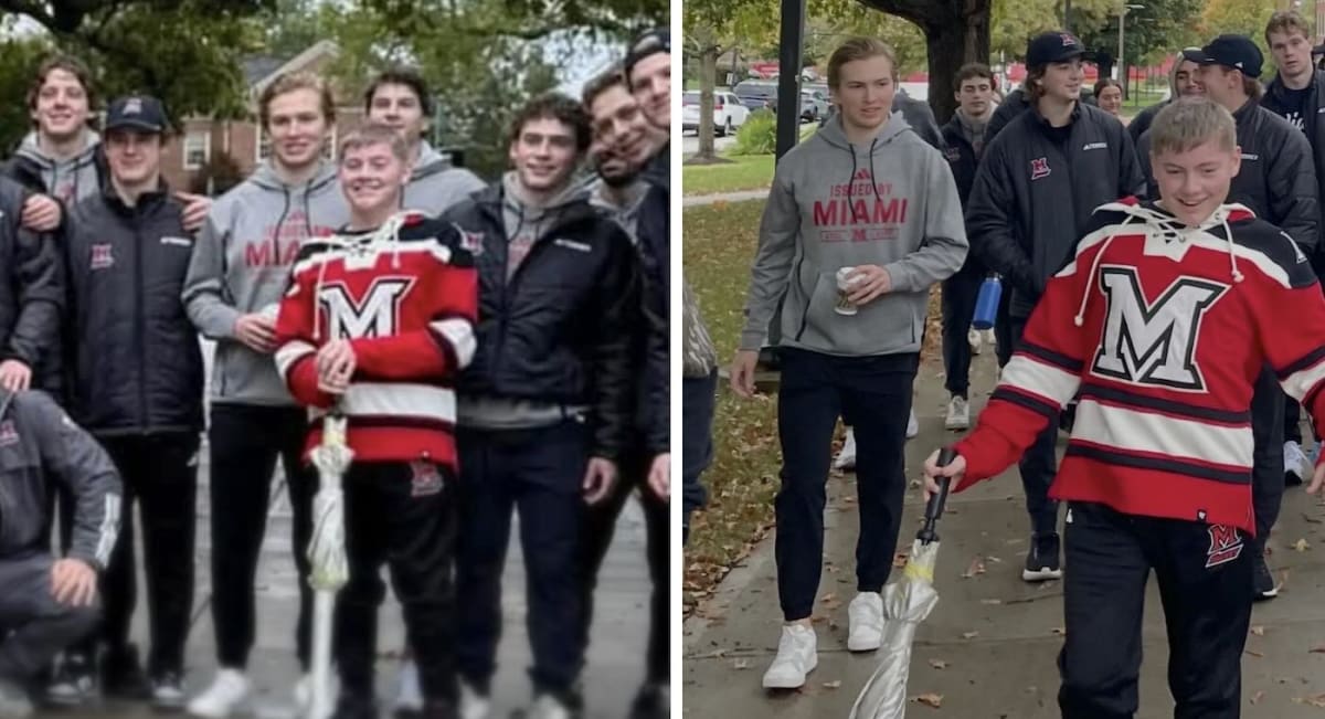 Teenage boy Liam celebrating birthday with college hockey players in team jerseys