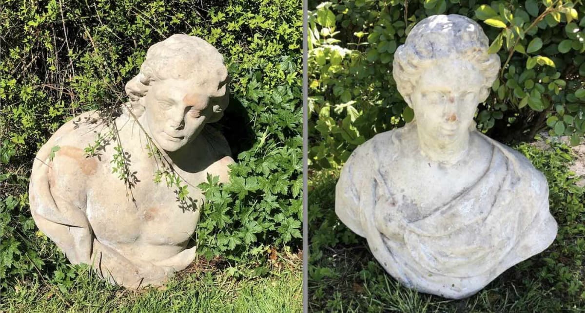 Two weathered marble busts of Apollo and Diana from 18th century Florence