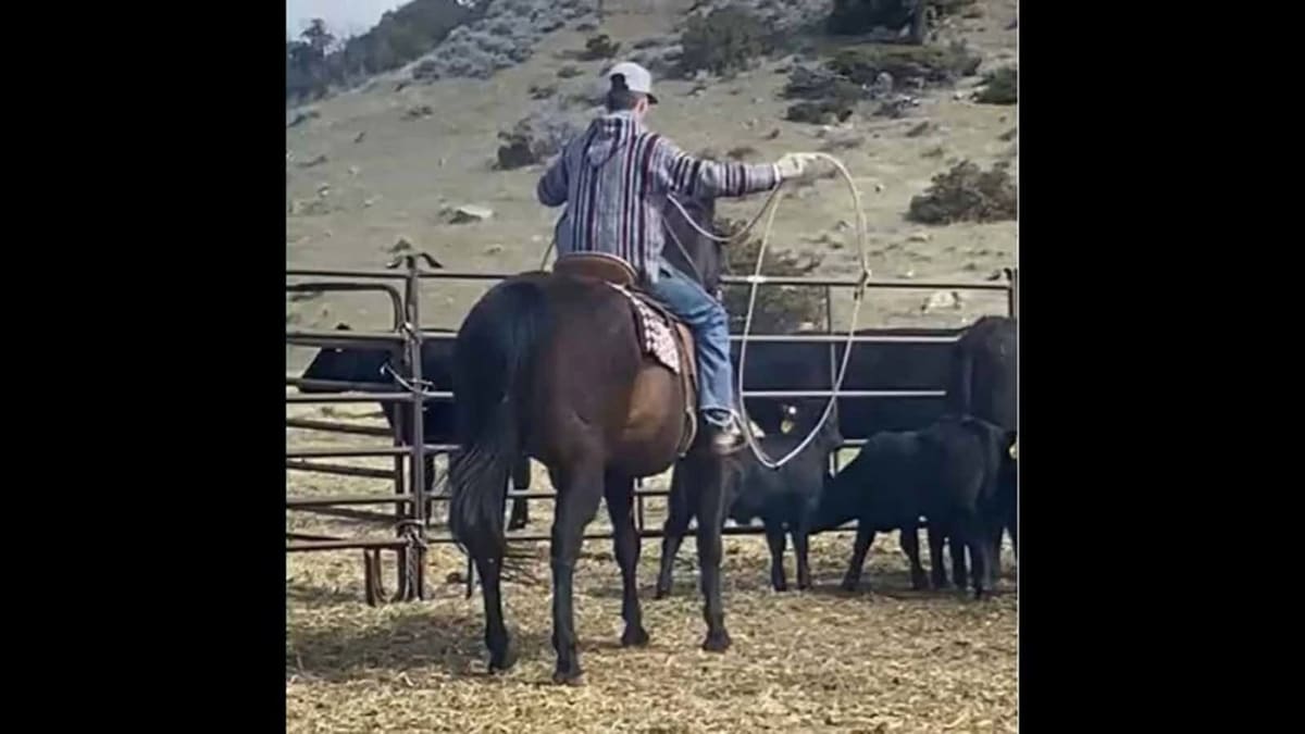 Teenage boy Jory Thomas practicing with rope lasso in Big Timber Montana