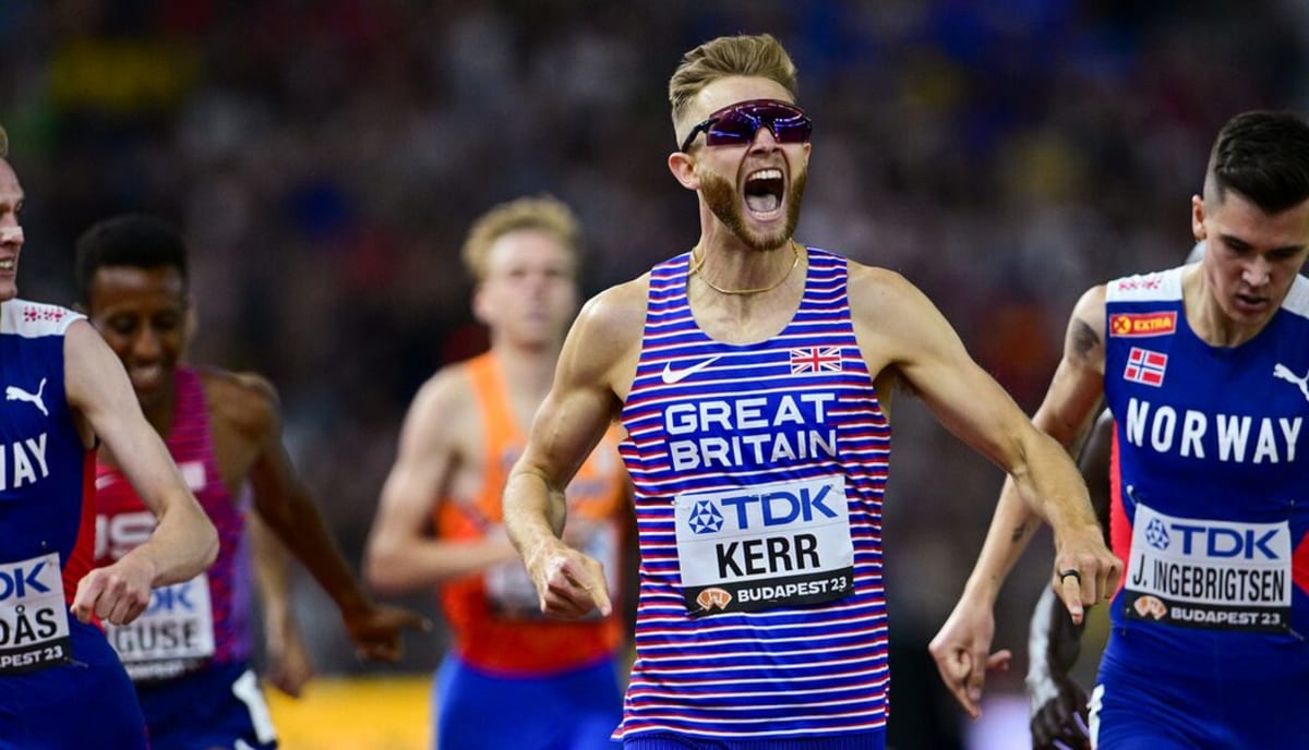 Scottish runner Josh Kerr celebrating after breaking the mile world record at London Diamond League