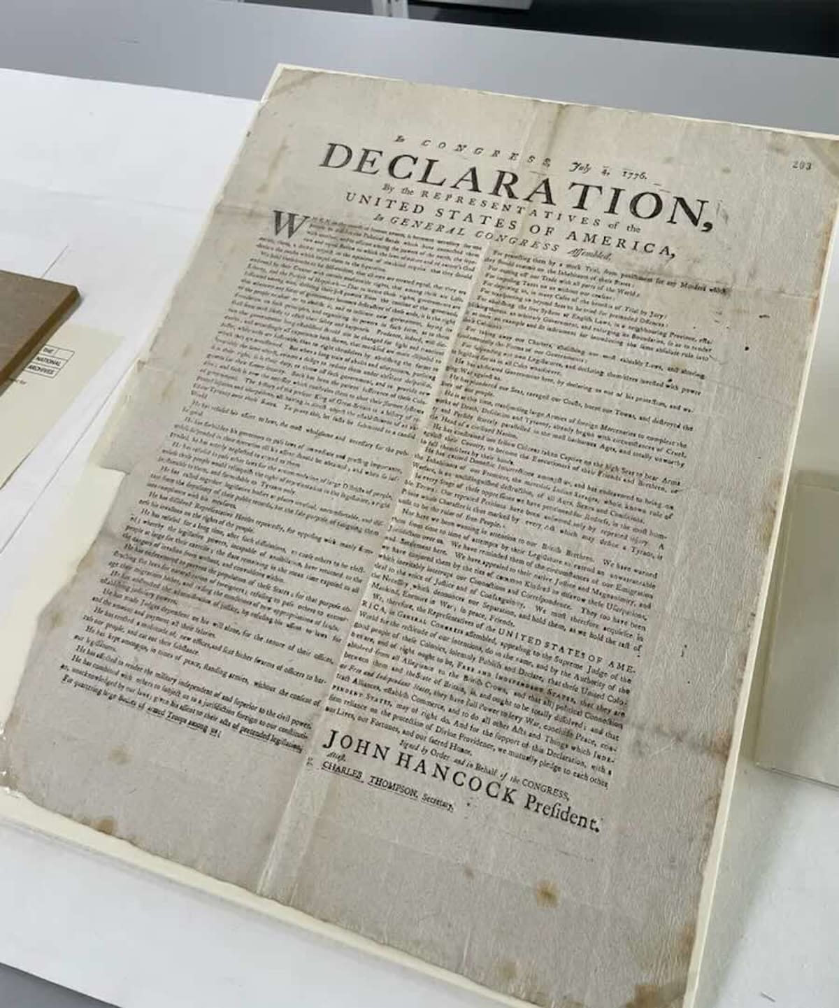 Historic 1776 Declaration of Independence document displayed at The National Archives in London, United Kingdom