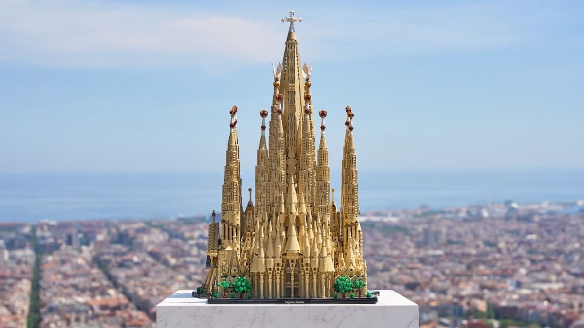 Twenty-four inch tall LEGO Sagrada Familia basilica model with 12,060 colorful pieces and transparent windows