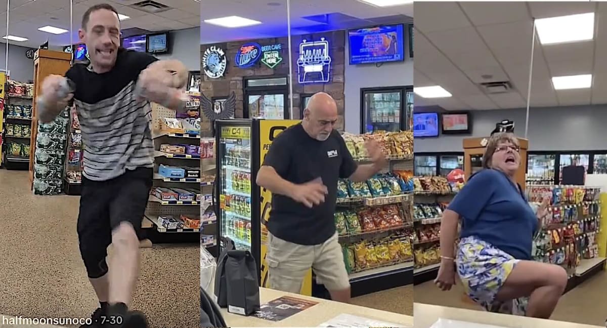 Happy gas station customers dancing outside fuel pumps at Halfmoon Sunoco in New York