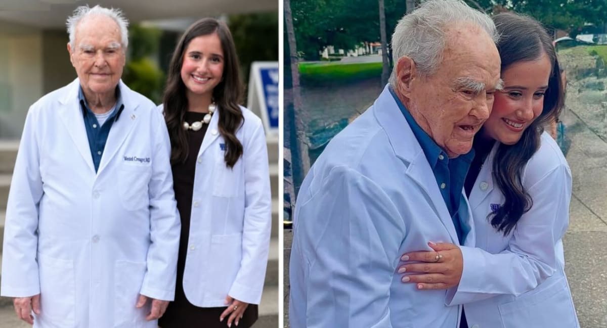 97-year-old Westel Creager in white doctor's coat with great-granddaughter Haiden at medical school graduation