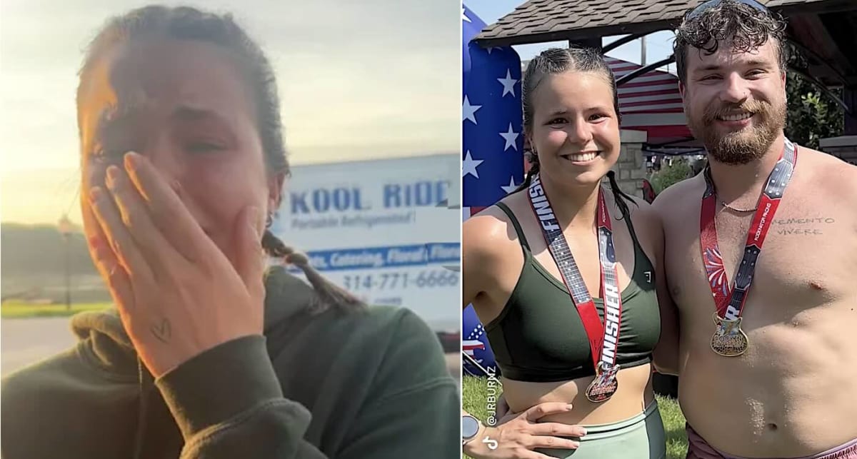 Jason Burns and Emma Kessler wearing medals together after completing half marathon race