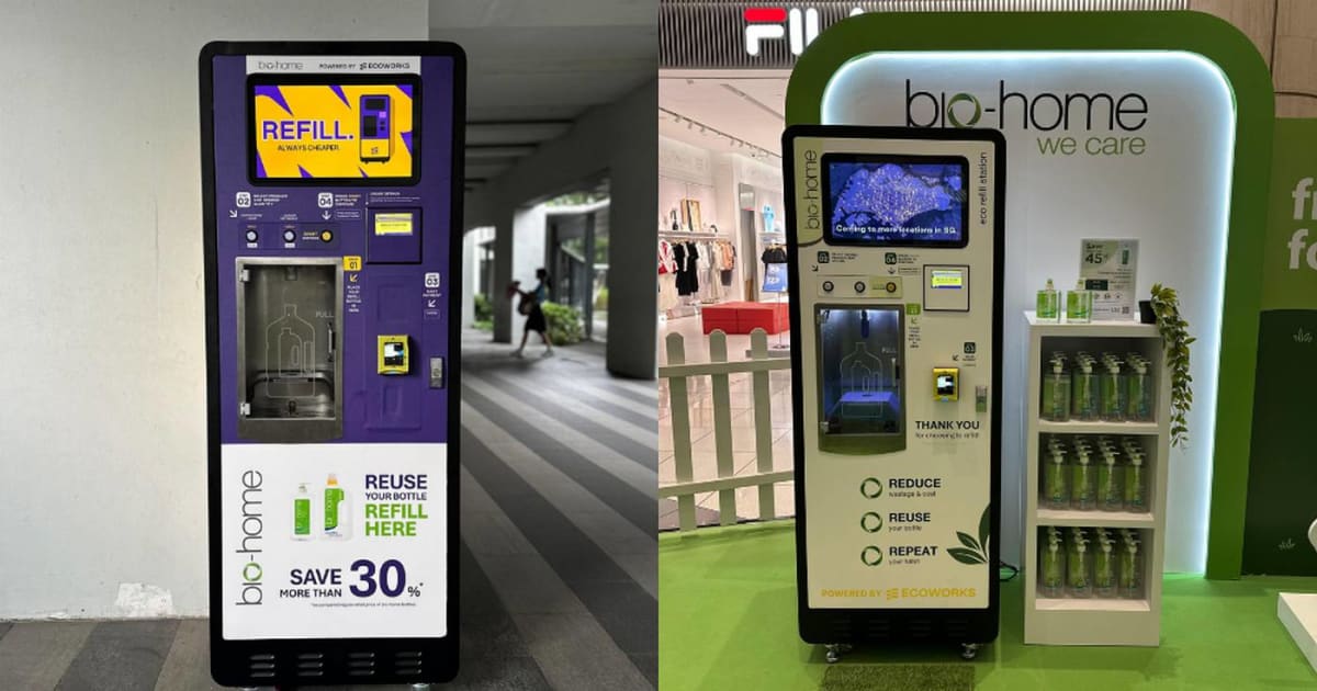Modern refill station dispensing cleaning products into reusable container in Singapore