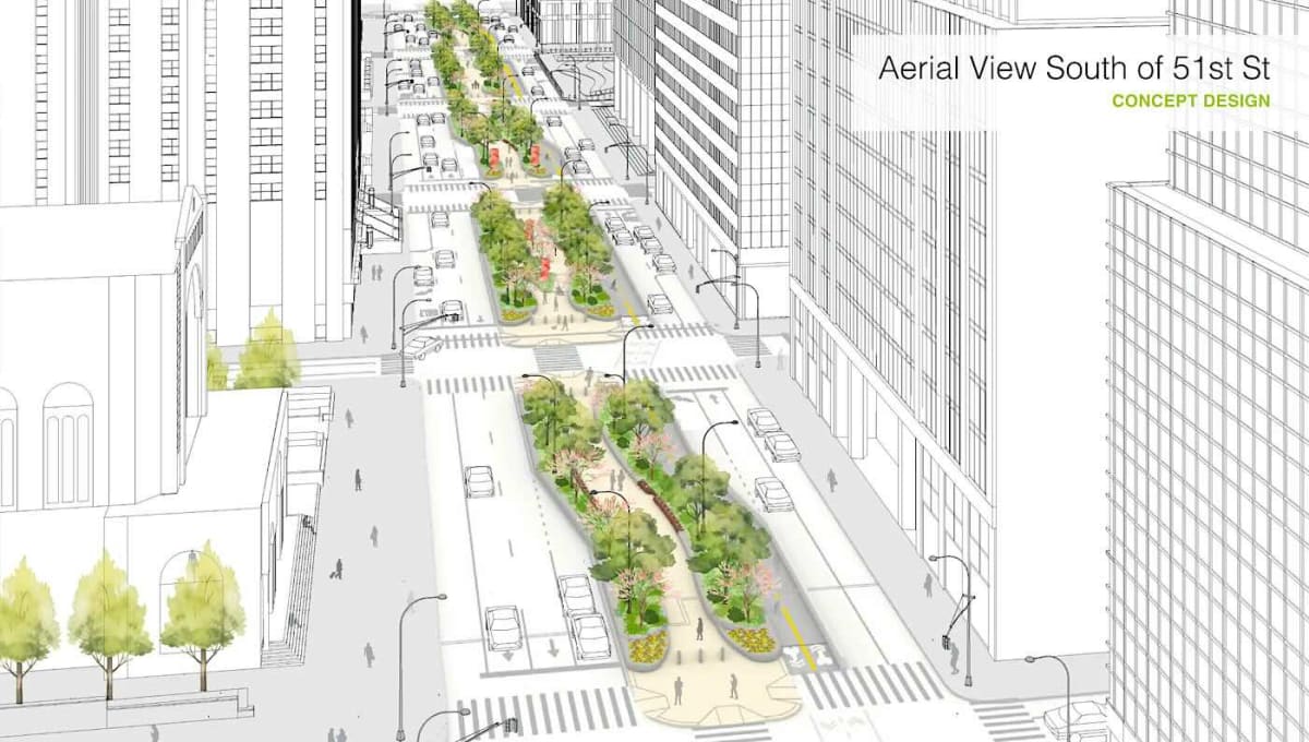Architectural rendering showing Park Avenue redesign with green medians, trees, and protected bike lanes