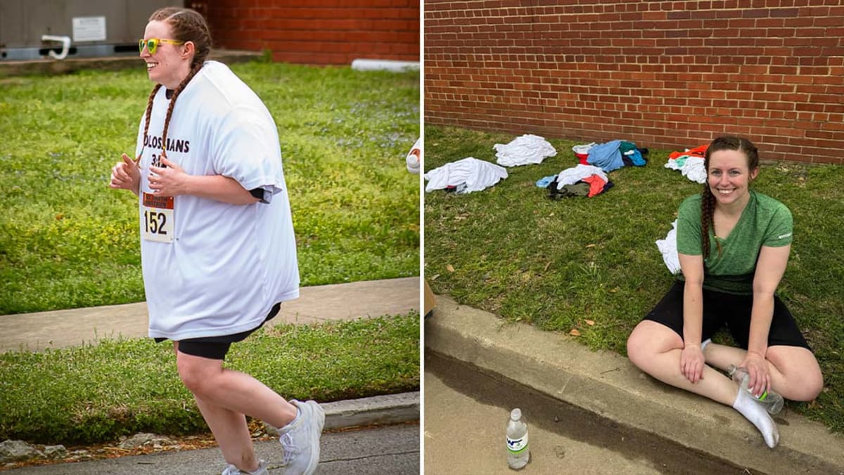 Woman in multiple colorful T-shirts crossing half marathon finish line celebrating world record
