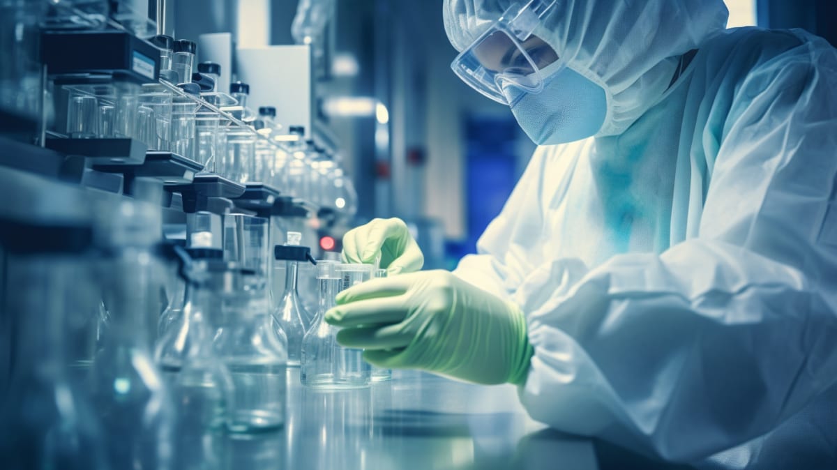 Scientist examining vaccine vial in laboratory with research equipment and protective gear